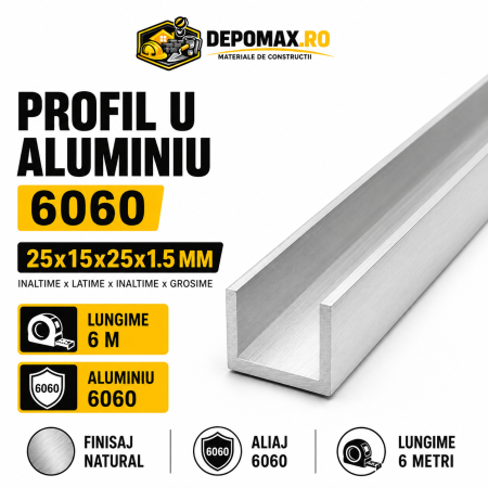Profil U aluminiu 25 x 15 x 25 x 1.5 mm, 6 metri